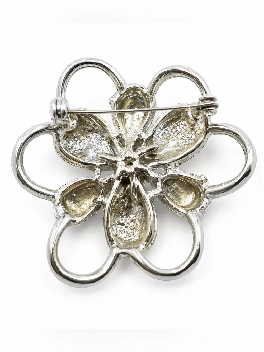Vintage Silver Tone Faux Pearl & Crystal Flower‎ Brooch Pin Floral Statement 2”